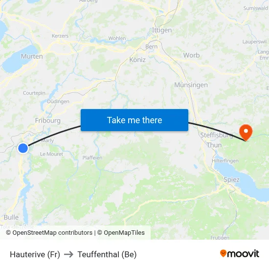 Hauterive (Fr) to Teuffenthal (Be) map