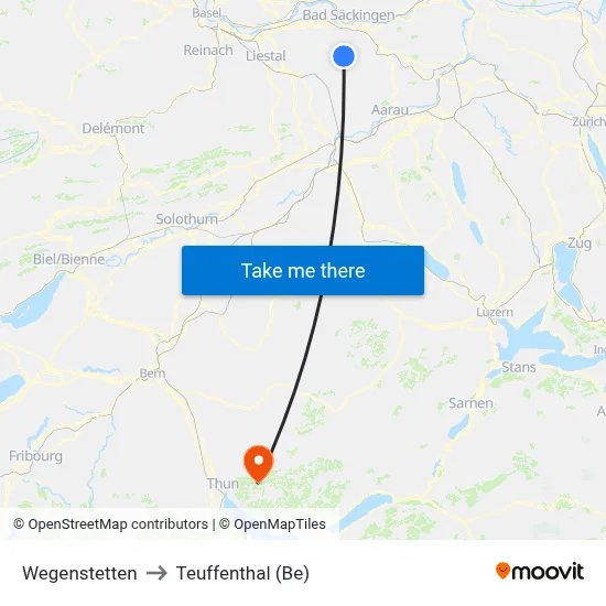 Wegenstetten to Teuffenthal (Be) map