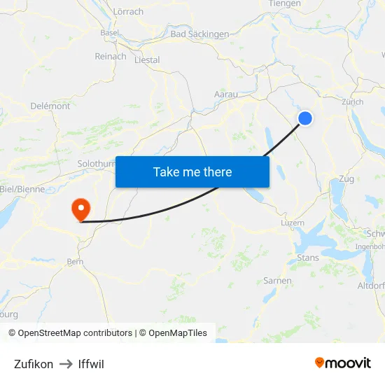 Zufikon to Iffwil map