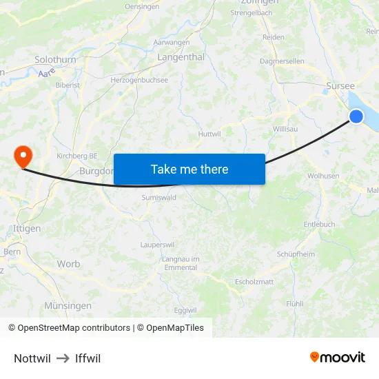 Nottwil to Iffwil map