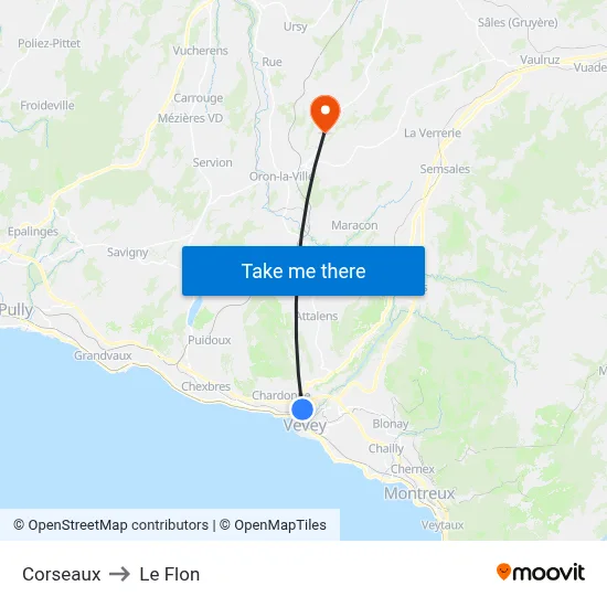 Corseaux to Le Flon map
