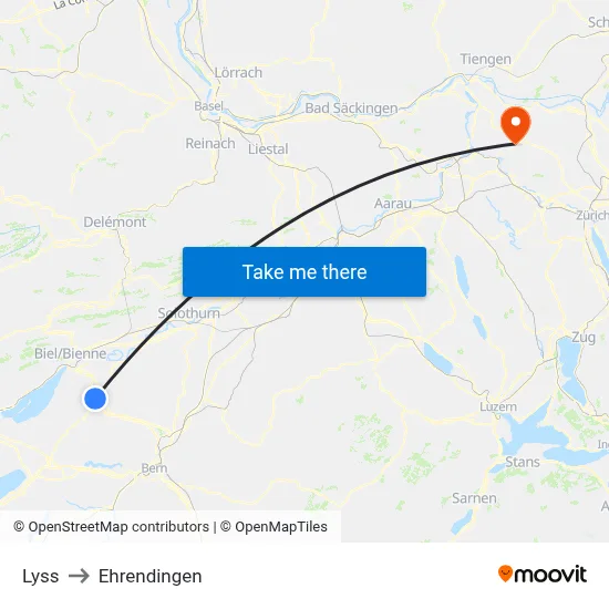 Lyss to Ehrendingen map