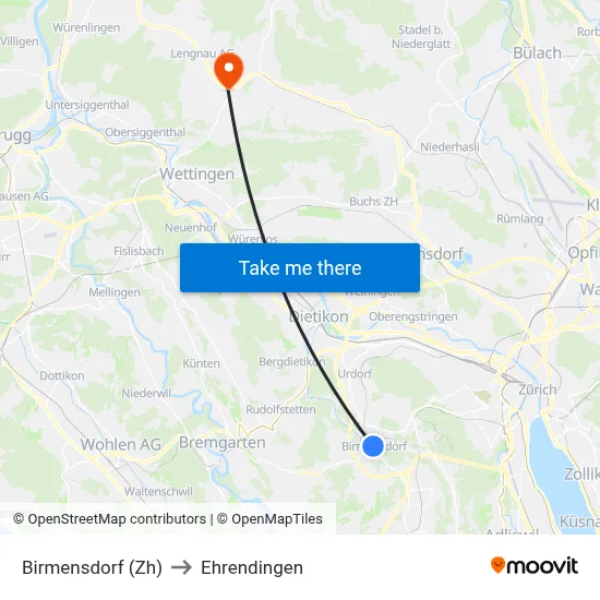 Birmensdorf (Zh) to Ehrendingen map