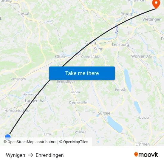 Wynigen to Ehrendingen map