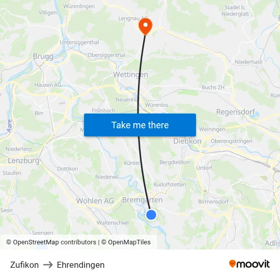 Zufikon to Ehrendingen map