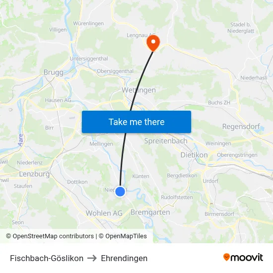 Fischbach-Göslikon to Ehrendingen map