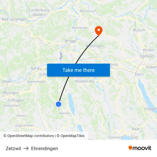 Zetzwil to Ehrendingen map