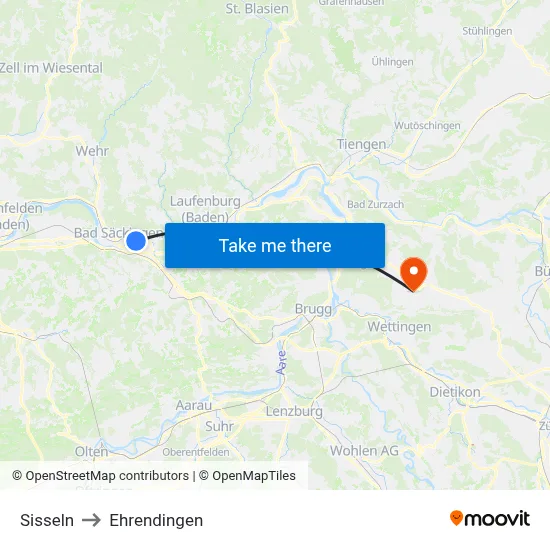 Sisseln to Ehrendingen map