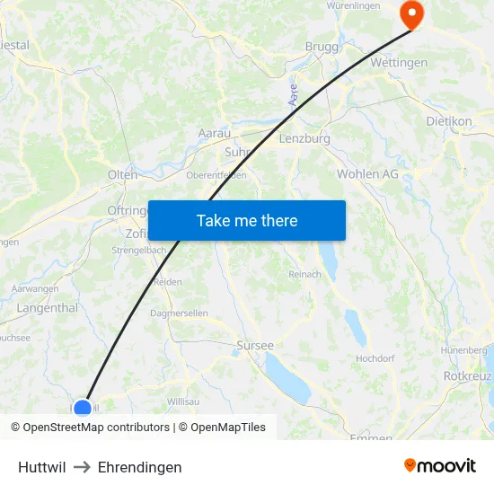 Huttwil to Ehrendingen map