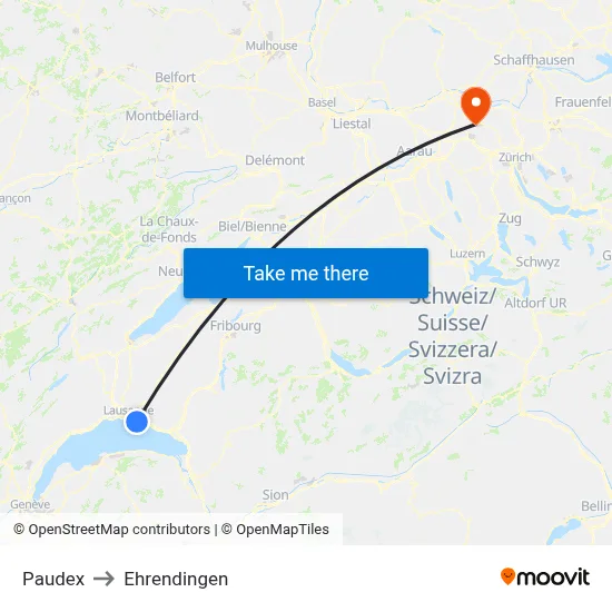 Paudex to Ehrendingen map