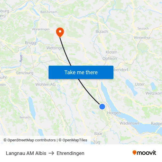 Langnau AM Albis to Ehrendingen map
