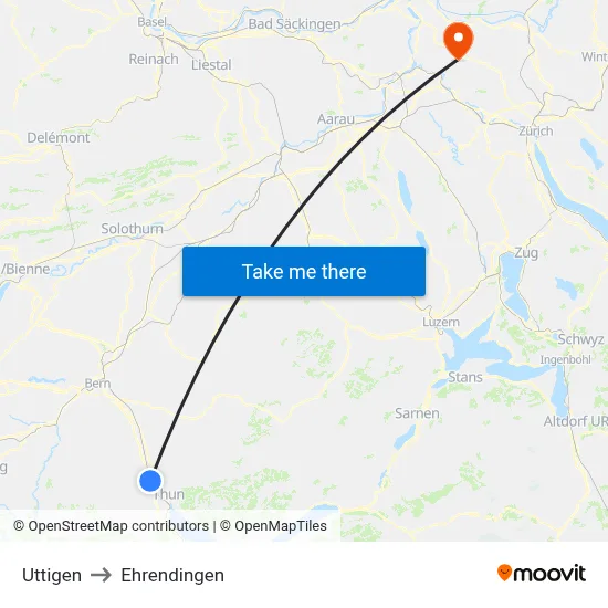 Uttigen to Ehrendingen map