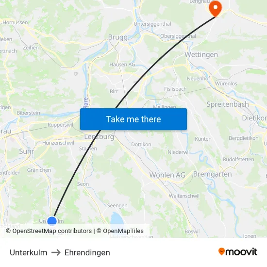 Unterkulm to Ehrendingen map