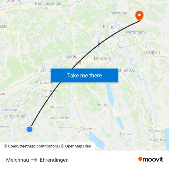 Melchnau to Ehrendingen map