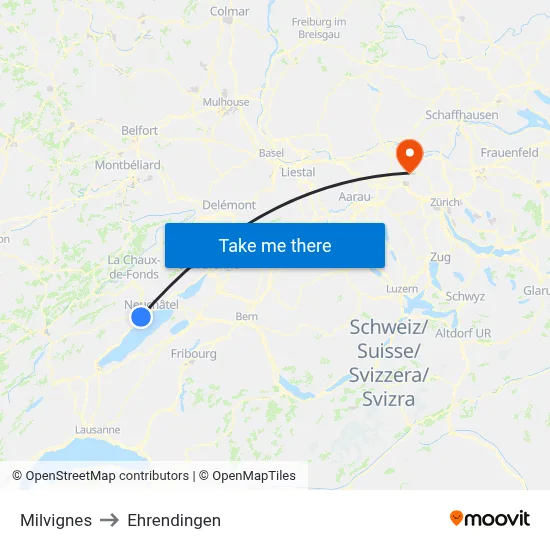 Milvignes to Ehrendingen map