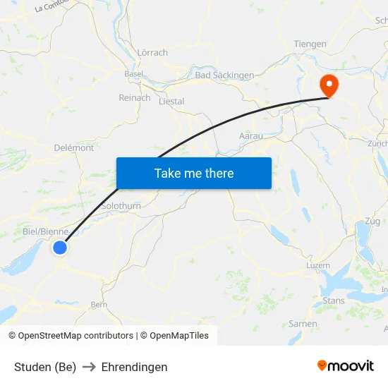 Studen (Be) to Ehrendingen map