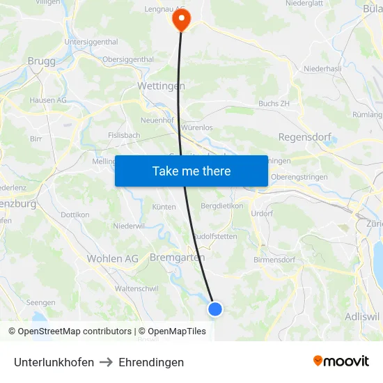 Unterlunkhofen to Ehrendingen map