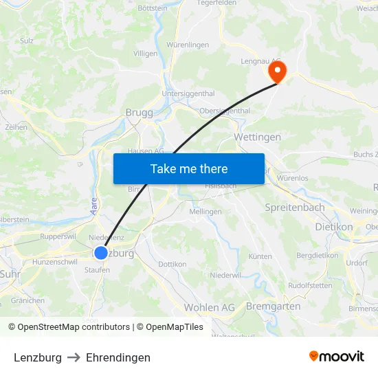 Lenzburg to Ehrendingen map