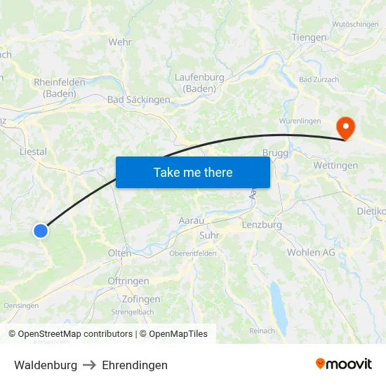 Waldenburg to Ehrendingen map
