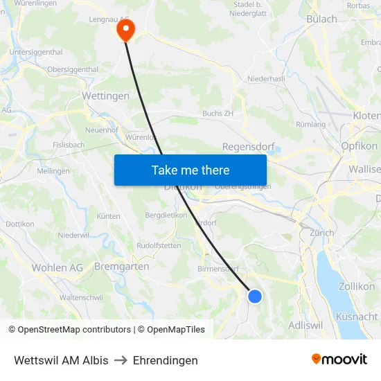 Wettswil AM Albis to Ehrendingen map