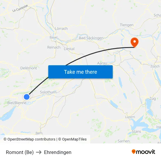 Romont (Be) to Ehrendingen map
