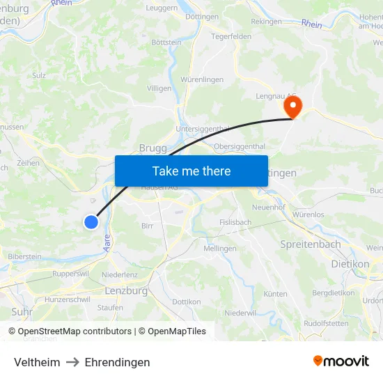 Veltheim to Ehrendingen map