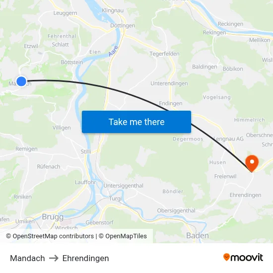 Mandach to Ehrendingen map