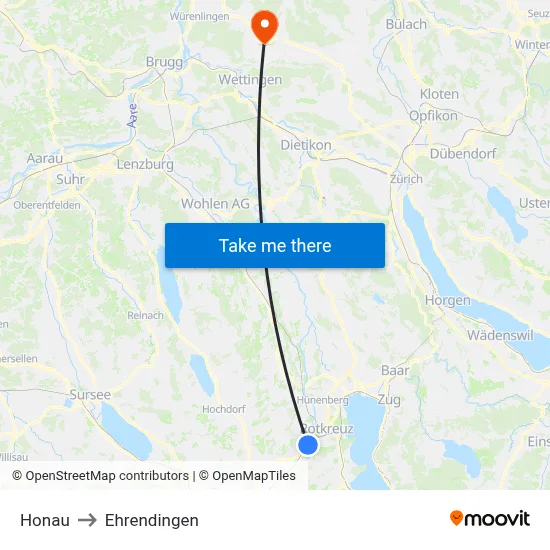 Honau to Ehrendingen map
