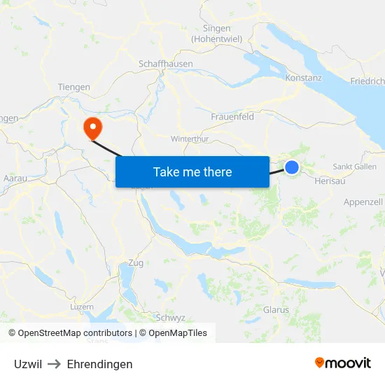 Uzwil to Ehrendingen map