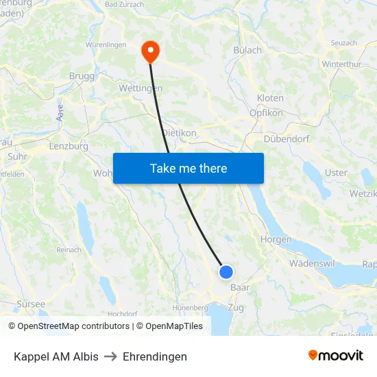 Kappel AM Albis to Ehrendingen map