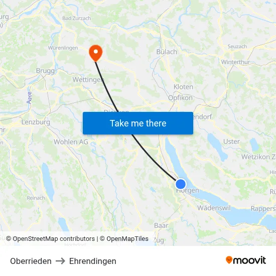 Oberrieden to Ehrendingen map