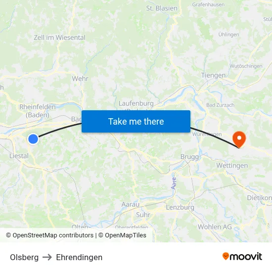 Olsberg to Ehrendingen map