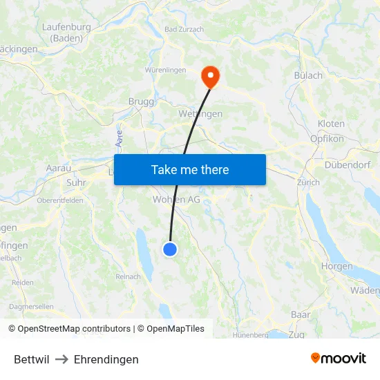 Bettwil to Ehrendingen map