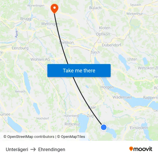 Unterägeri to Ehrendingen map