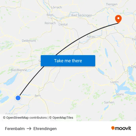 Ferenbalm to Ehrendingen map