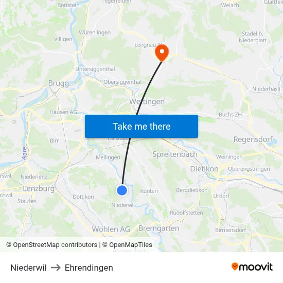 Niederwil to Ehrendingen map