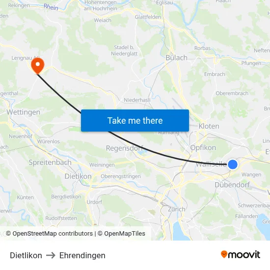 Dietlikon to Ehrendingen map
