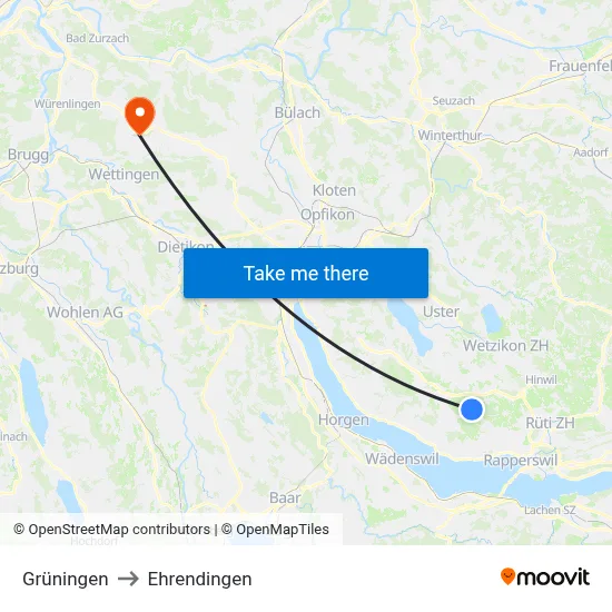 Grüningen to Ehrendingen map