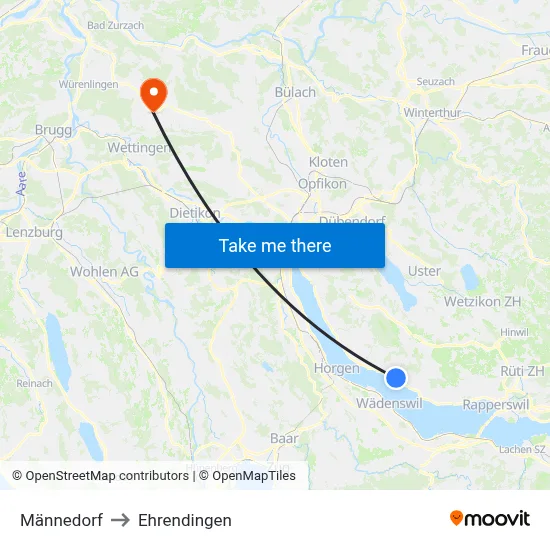 Männedorf to Ehrendingen map