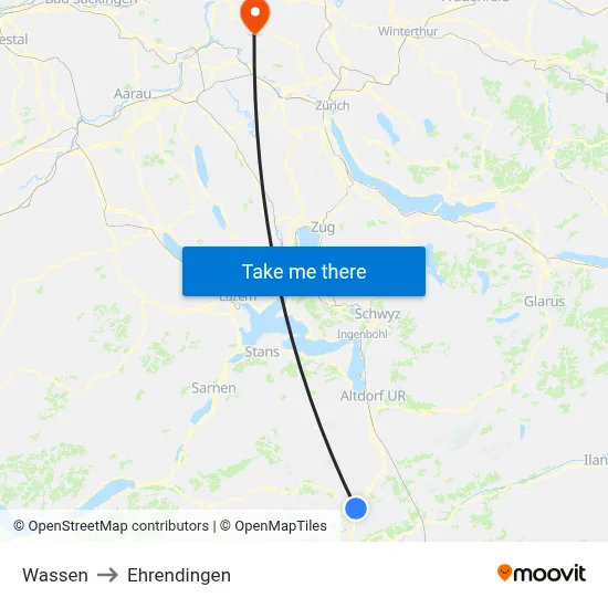 Wassen to Ehrendingen map