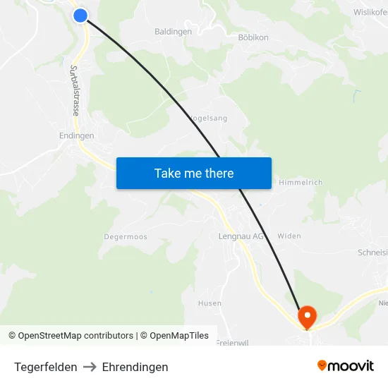 Tegerfelden to Ehrendingen map