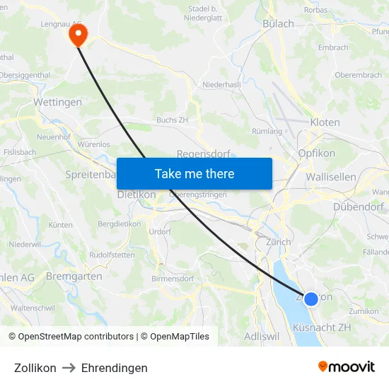 Zollikon to Ehrendingen map