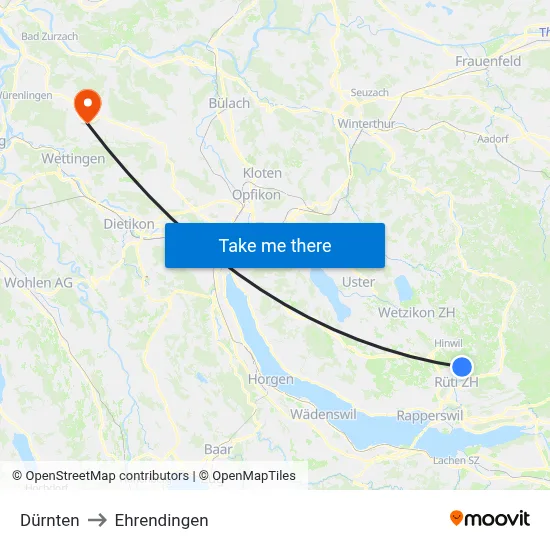 Dürnten to Ehrendingen map