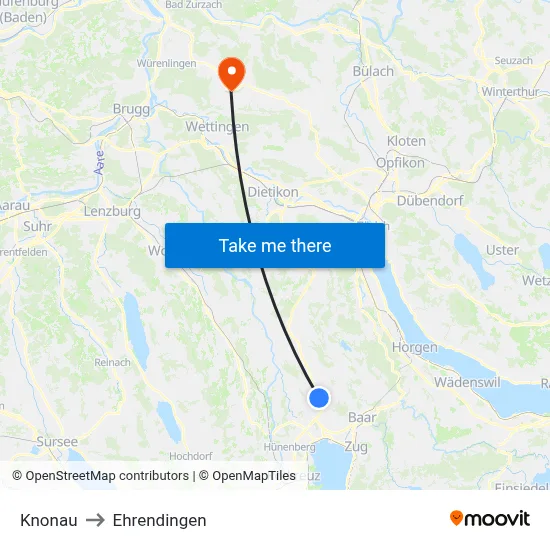 Knonau to Ehrendingen map