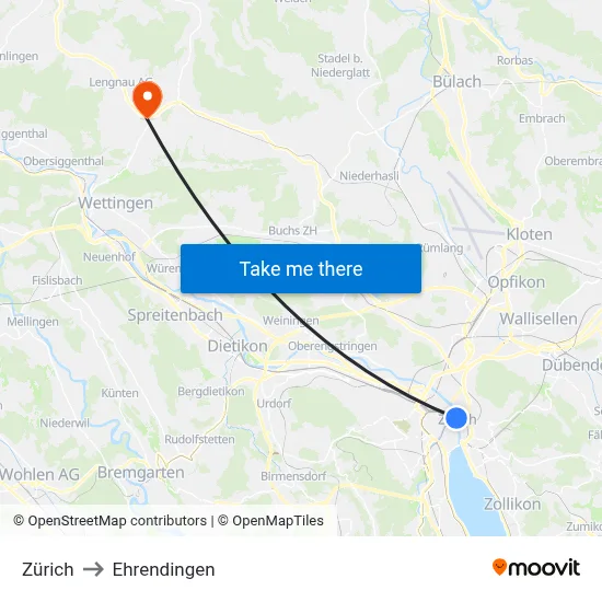 Zürich to Ehrendingen map