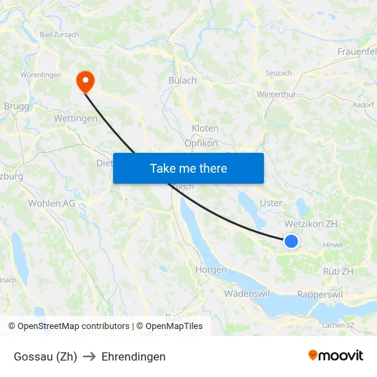 Gossau (Zh) to Ehrendingen map