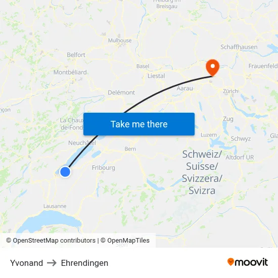 Yvonand to Ehrendingen map