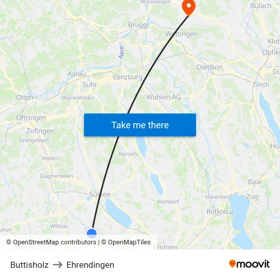 Buttisholz to Ehrendingen map