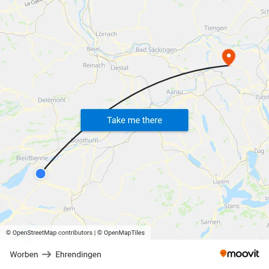 Worben to Ehrendingen map