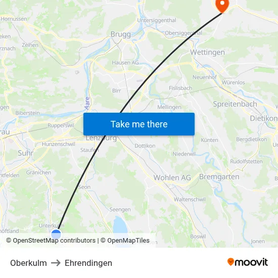 Oberkulm to Ehrendingen map